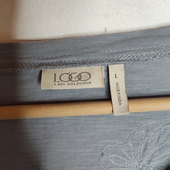LOGO by Lori Goldstein Floral Embellished Slate Blue Tunic Sheer contrast L - Picture 2 of 7
